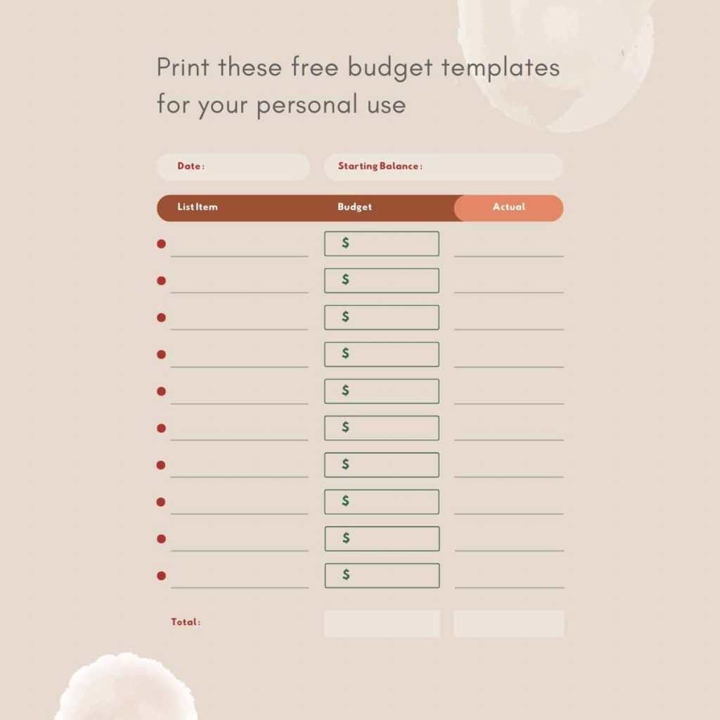 Print these free budget templates for your personal use 